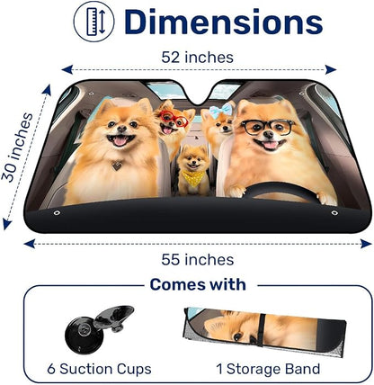 GENANY Pomeranian Family Windshield Cover for Car SUV Truck (55x30 Inches), Foldable Heat Shield, Shades for Front Windows, Protector Blocks UV, Car Decor