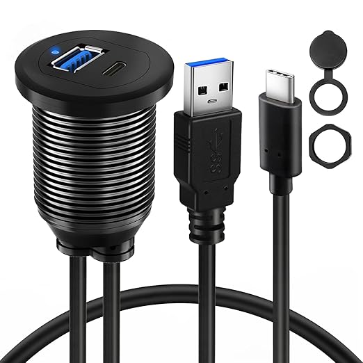 Type C 3.0 USB 3.0 Alloy Shell Car Mount Flush USB Port Cable Male to Female, Car Truck Boat Motorcycle Dashboard Panel Extension Cable LED Indicator - 3ft