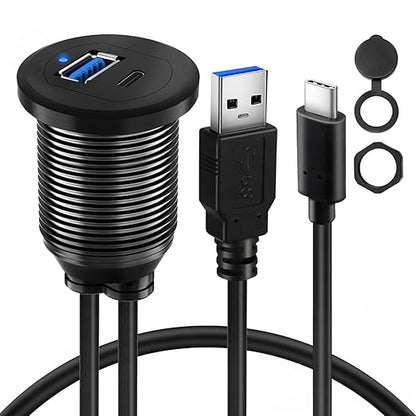 Type C 3.0 USB 3.0 Alloy Shell Car Mount Flush USB Port Cable Male to Female, Car Truck Boat Motorcycle Dashboard Panel Extension Cable LED Indicator - 3ft