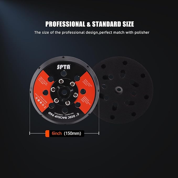 SPTA 2Pcs 6 Inch Universal Dual Action Backing Plate, Backing Plate for DA Polisher,Hook & Loop, 5/16"-24 Thread,Fits DA Polishers Up to 12,000 OPM,Sand,Buff,Polish & Finish, Auto Detailing -BP604