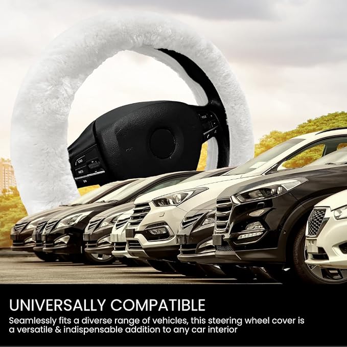 Andalus Brands Luxury Fluffy Car Steering Wheel Covers – Genuine Merino Sheepskin, Soft Fuzzy Car Steering Wheel Cover for Women, Universal 14.5-15" Size, Plush Fur Cute Auto Accessories, White