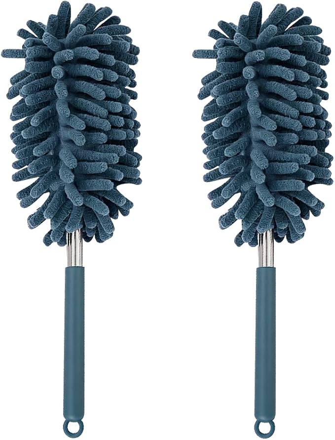 Zpana 2PCS Car Interior Duster with Extension Pole, Soft Chenille Retractable Washable Dash Detailing Cleaner, Auto Window Cleaning Brush Duster for Interior Exterior, Universal Fit (Blue)