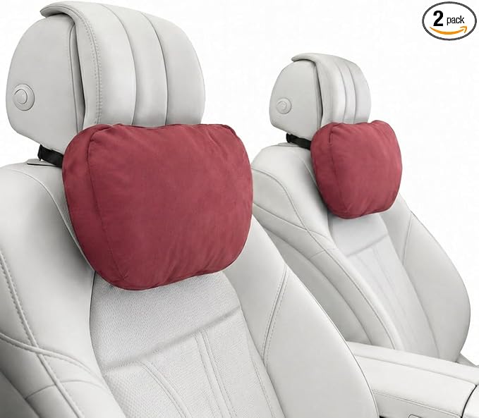2PCS Car Pillow for Car Neck Pillow for Driving Seat Neck Support Soft Cushion Back Support Head-Rests for Vehicle Sleeping with Elastic Adjustment Strap (Red, Head)