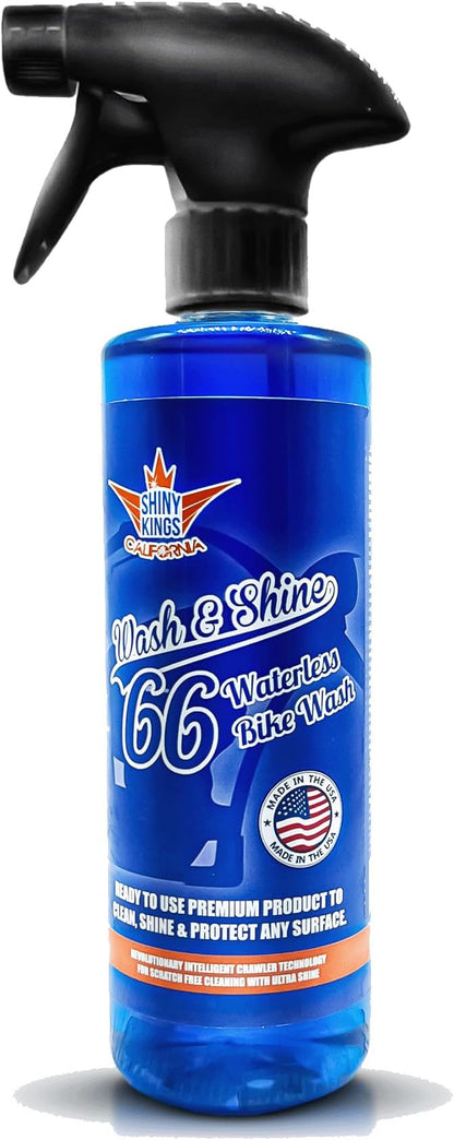 Shinykings Motorcycle Cleaner Wash&Shine 66 | WATERLESS BIke Wash with Ultra Shine Finish | Powerful Motorcycle Detailing Spray for All Surfaces | Bike Cleaner California | 16 fl.oz