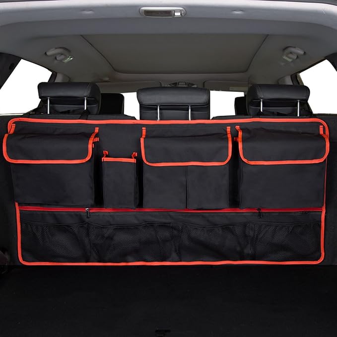 Mandark Car Trunk Organizer, Super Capacity Vehicle Hanging Backseat Cargo Storage Bag with Robust Elastic Net, Detachable Auto Seat Back Organizing Bag, Universal for SUV, Truck, RV（Black/Red）