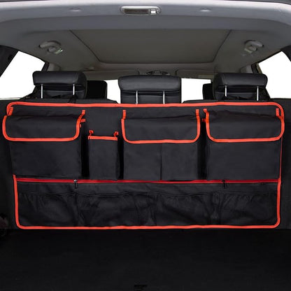 Mandark Car Trunk Organizer, Super Capacity Vehicle Hanging Backseat Cargo Storage Bag with Robust Elastic Net, Detachable Auto Seat Back Organizing Bag, Universal for SUV, Truck, RV（Black/Red）