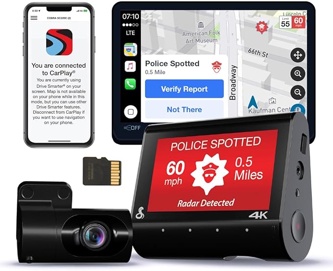 Cobra Smart Dual View Front and Rear Dash Cam (SC 250R) – True 4K Resolution, 360 Alerts, Parking Live View, Incident Reports, Emergency MayDay, 32 GB SD Card Included, CarPlay & Android Auto