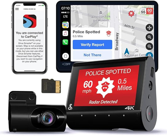 Cobra Smart Dual View Front and Rear Dash Cam (SC 250R) – True 4K Resolution, 360 Alerts, Parking Live View, Incident Reports, Emergency MayDay, 32 GB SD Card Included, CarPlay & Android Auto
