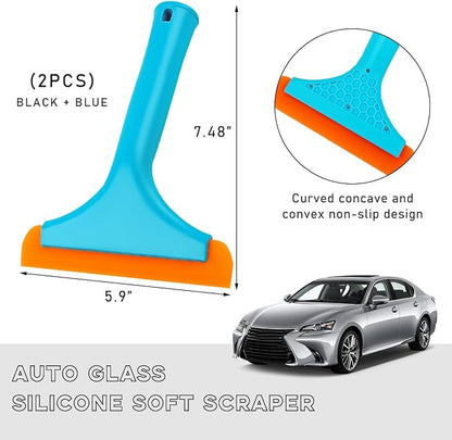 Ohleats 2PCS Small Silicone Window Squeegee, Auto Windshield Water Blade Scraper, All-Purpose Water Squeegee Wiper for Mirror Home Cleaning, Car Accessories (Black+Blue)
