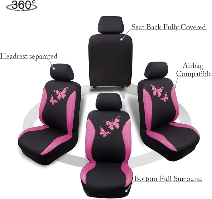 Flying Banner Butterfly car seat Covers ful Set Fashion Universal Lady Woman Female Rear Bench Split Colorized (Full Set, Pink)