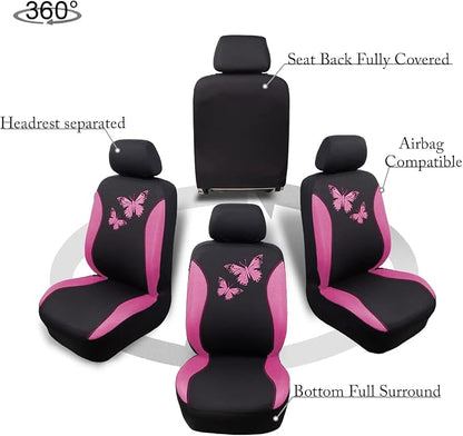 Flying Banner Butterfly car seat Covers ful Set Fashion Universal Lady Woman Female Rear Bench Split Colorized (Full Set, Pink)