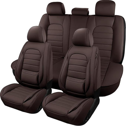 Brown Car Seat Covers Full Set, Universal Faux Leather Seat Covers for Cars 5 Seats, Waterproof Leather Car Seat Covers, Comfortable Automotive Seat Covers for Most Sedans Trucks SUVs