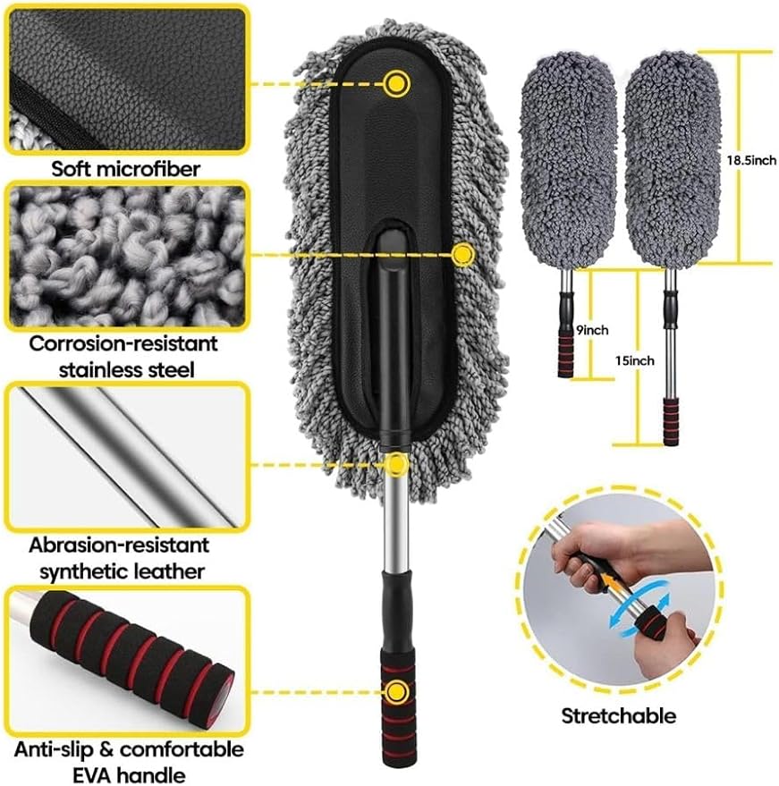5 PCS Microfiber Car Duster Kit - Interior & Exterior Car Cleaning Detailing Tool Scratch & Lint Free, Pollen Removing Extendable Long Handle Duster for Car & Motorcycle car Accessories (A1)