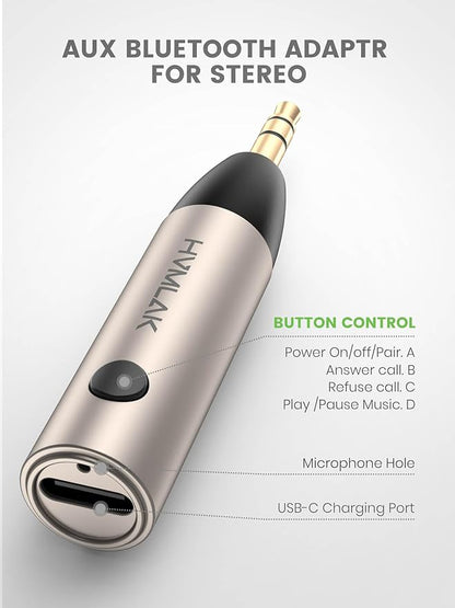 HVMLAK Aux Bluetooth 5.4 Adapter, Wireless Audio Receiver for Car Home Stereo Speaker, Music Streaming, Handsfree Calls, 6 Hours Playback, 1 Piece