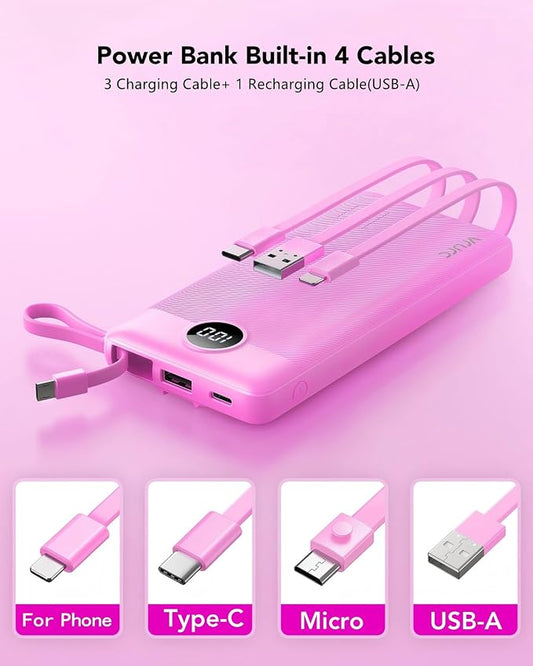 VRURC Portable Charger, Built-in 4 Cables Power Bank 10000mAh, Lightweight USB C Portable Phone Charger, 5 Output 2 Input Compatible with Smart Phones,Samsung,Android etc-Purple(1 Pack)