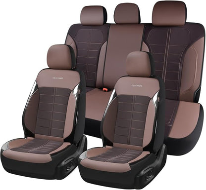 Coverado Leather and Air Mesh Seat Cover, Car Seat Cover Full Set, 3D Breathable Seat Protectors Sports Carbon Fiber Design Airbag Compatible Comfort Universal for Most Cars, Van,Trucks, SUV, Brown