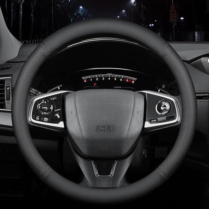 HAOTULE New Nappa Leather car Steering Wheel Cover, Anti-Slip, Safety, Soft, Breathable Full Surround Universal 15 inch Black