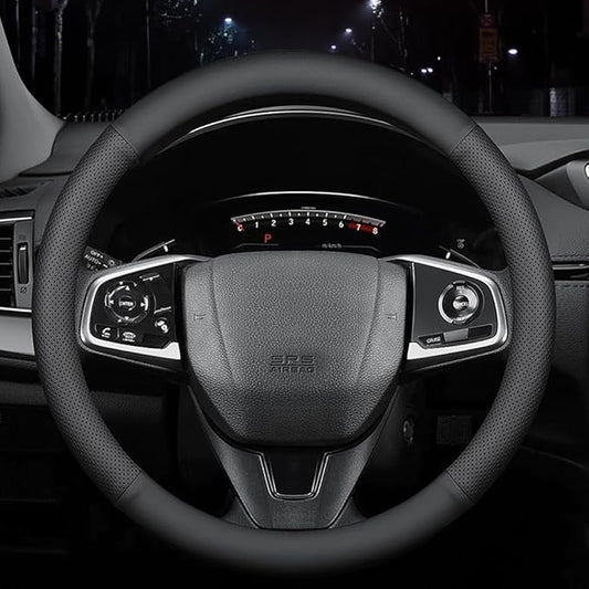 HAOTULE New Nappa Leather car Steering Wheel Cover, Anti-Slip, Safety, Soft, Breathable Full Surround Universal 15 inch Black