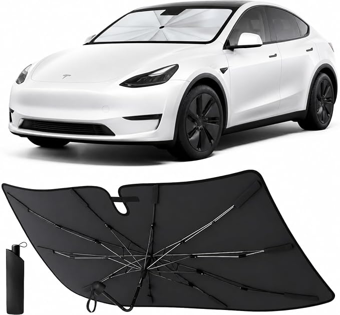 Econour Tesla Model 3/Y Windshield Umbrella Sun Shade Fit for Tesla 3/Y (2017-2026), Car Window Shade for Front Windshield, Sun Blocker Visor Extender | Heat Protection Front Window Cover 57"x33.5"