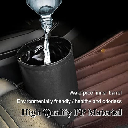 Collapsible PU Leather Car Trash Can, Waterproof Pop-Up Car Garbage Bin, Portable Multipurpose Auto Trash Container for Car Interior Accessories (Black)