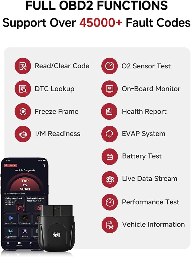 Rocco OBD2 Scanner Bluetooth for iOS Android, AI Diagnostic Tool for Car Repair, No Subscription Fee, AutoVIN, 45000+ Fault Codes, Check & Clear Engine Codes, Real-Time Data, Vehicles 1996+(Black)