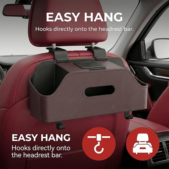 Car Backseat Headrest Organizer, Multifunctional 4-in-1 Back Seat Tissue Box with Cup Holders Hooks, Auto Seat Back Storage Organizer for Hold Phones, Drinks, Bags, Universal Fit (Brown)