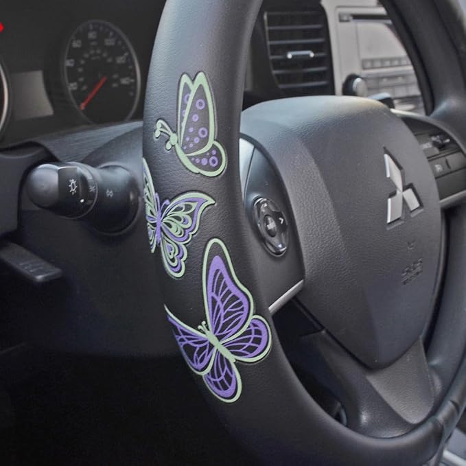 BDK GripGrab Comfort Grip - Purple & Green Butterflies on Black Synthetic Leather Steering Wheel Cover 15 inch