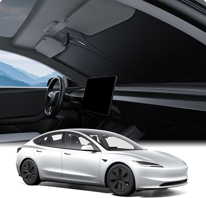 BASENOR Windshield Sunshade for 2017-2026 Tesla Model Y Juniper & Model 3 Highland, [Nano Ice Crystal] Foldable Sun Shade, UV Block Heat Insulation Interior Accessories Off-White
