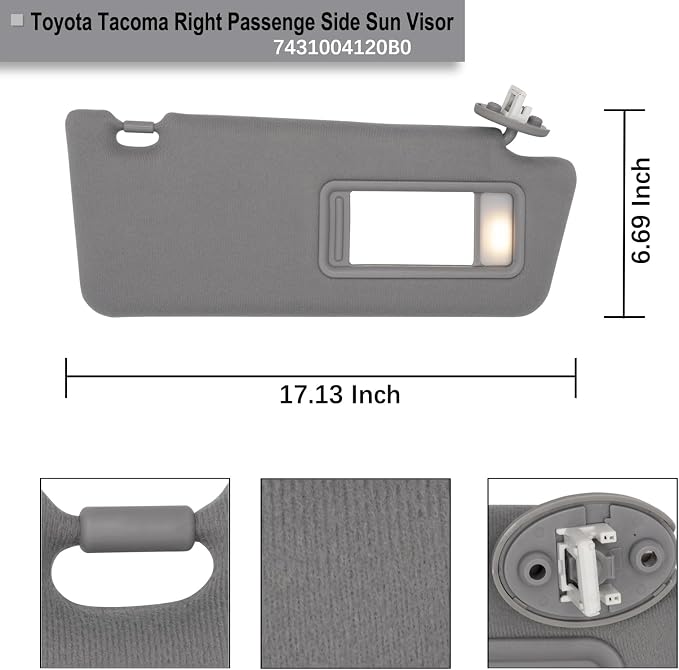 NHILES Passenger Right Side Sun Visor Replacement Fits for Toyota Tacoma 2005-2015 Sunshade with Light 7431004120B0 Color Gray