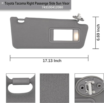 NHILES Passenger Right Side Sun Visor Replacement Fits for Toyota Tacoma 2005-2015 Sunshade with Light 7431004120B0 Color Gray