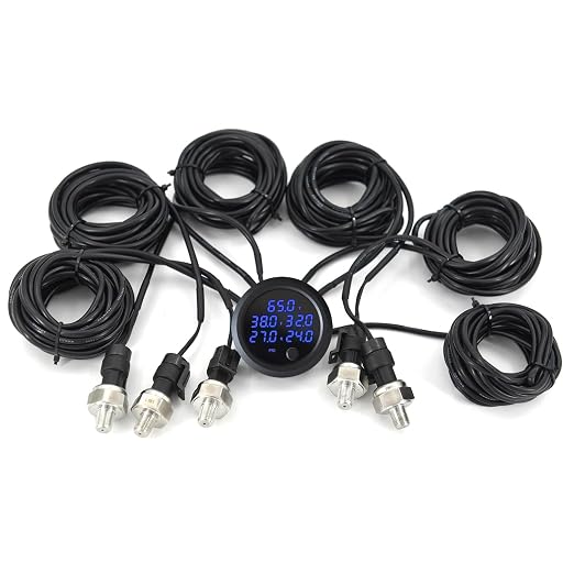 New Upgrade 12V/24V Five Pressure Air Pressure Gauge 2Inch(52mm) 0-232PSI with 5Pcs 1/8NPT Sensors and 16.5ft (5M) Sensor Cable LED Blue