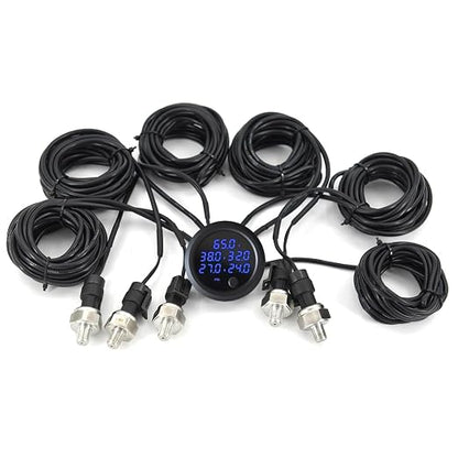 New Upgrade 12V/24V Five Pressure Air Pressure Gauge 2Inch(52mm) 0-232PSI with 5Pcs 1/8NPT Sensors and 16.5ft (5M) Sensor Cable LED Blue