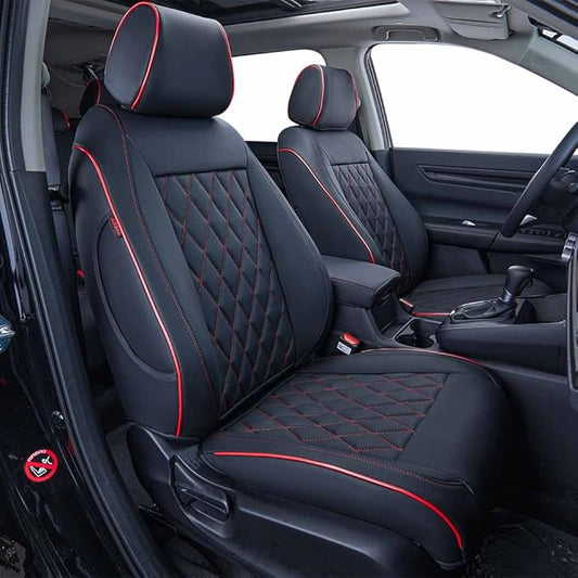 EKR CRV Seat Covers Custom Fit for Honda CRV 2017 2018 2019 2020 2021 2022,Leather Car Seat Cover Full Set for Trucks SUV,Waterproof Car Seat Cushion,Faux Leather (Black with Red Piping)