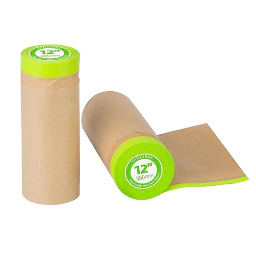 Tangibay Pre-Taped Masking Paper for Painting - 12 inch x 50 feet Tape and Drape Painters Paper, Paint Adhesive Protective Paper Roll for Covering Skirting, Frames, Cars and Auto Body (2 Rolls)