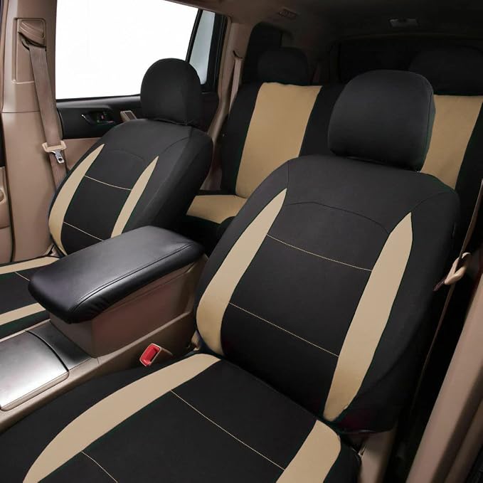 Flying Banner Car Seat Covers Set Beige Tan Front Seats Rear Bench Polyester car seat Protectors Easy installations Rear Bench Split Classic Man Lady