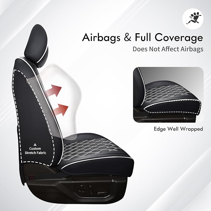 Huidasource F150 Leather Seat Covers Custom Fit for 2015-2025 F150 SuperCrew & 2017-2025 F250 F350 F450 Super Duty Crew Cab XL XLT Lariat King Ranch Platinum(Front Pair/Black&White)