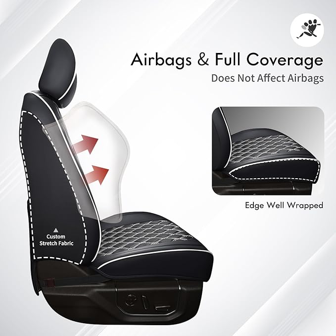 Huidasource F150 Front & Back Leather Seat Covers Accessories Fit for 2015-2025 F150 SuperCrew & 2017-2025 F250 F350 F450 Super Duty Crew Cab XL XLT Lariat King Ranch Platinum(Full Set/Black&White)