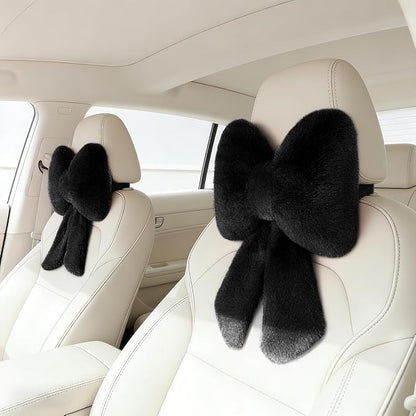 Sexysamba 2 Pcs Plush Bow Car Headrest Neck Pillow Cute Bow Pillow for Car Seat Décor Soft Neck Support for Comfortable Driving Traveling Office Fluffy Head Rest Cushion, Black