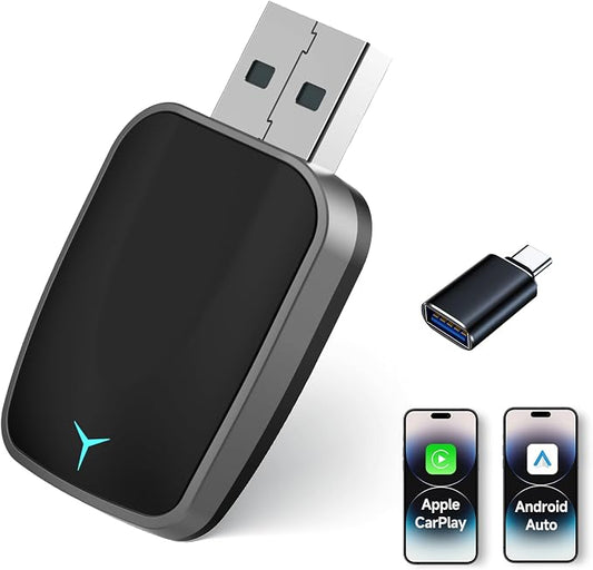 Mini Wireless Carplay Adapter, Convert Wired to Wireless Car Play & Android Auto 2-in-1 Adapter for Apple iPhone & Android Phone, Plug & Play, Auto Connect, No Delay, w/USB C for iOS 10+ Android11+