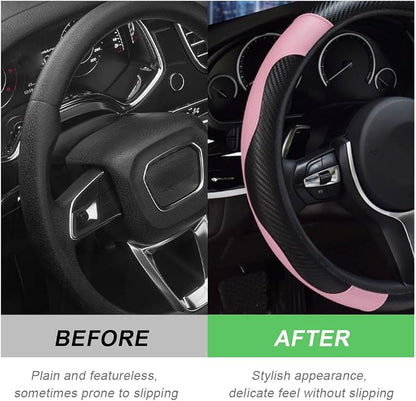 DXNQ Car Steering Wheel Cover, 15 Inch Carbon Fiber Leather Stitching Color Steering Wheel Protector, Anti-Slip Elastic Breathable Steering Wheel Cover Stylish Decor for Most Cars (Black&Pink)