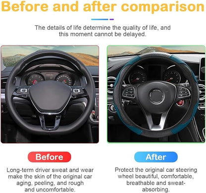Osilly Car Steering Wheel Cover, 15 inch Carbon Fiber Microfiber PU Leather Elastic Steering Wheel Protector for Men Women, Anti-Slip Breathable Car Interior Accessories for Most Cars (Black Green)