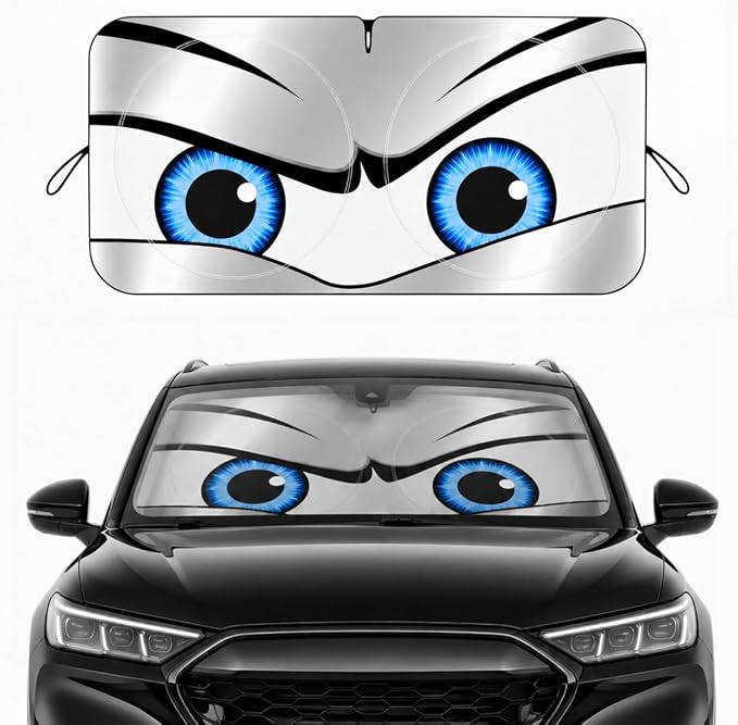 Car Windshield Sun Shade, Funny Eyes Foldable Front Window Sunshade, UV Heat Protection Windshield Cover Universal Fits Crossover Mid-Large Sedan SUV Family Vehicle - 63 x 31.5