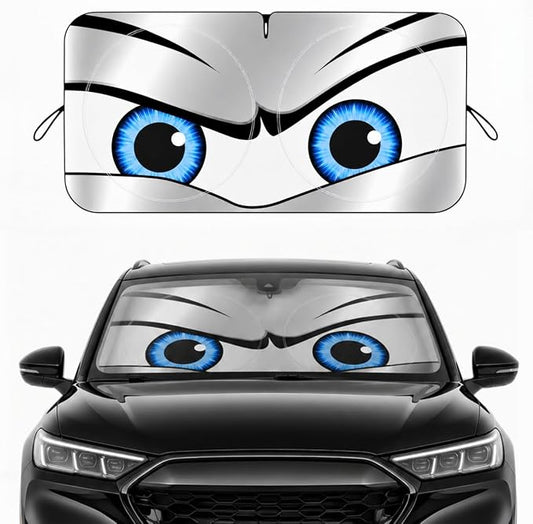 Car Windshield Sun Shade, Funny Eyes Foldable Front Window Sunshade, UV Heat Protection Windshield Cover Universal Fits Crossover Mid-Large Sedan SUV Family Vehicle - 63 x 31.5