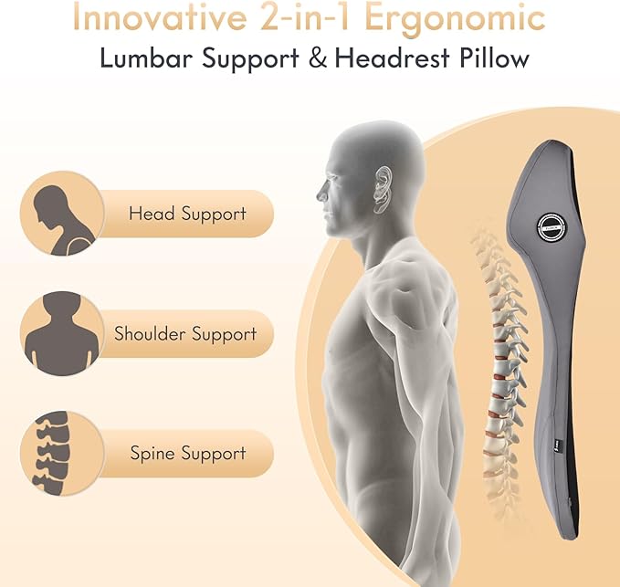 FLORICH Car Seat Cushion and Lumbar Support Headrest Pillow Memory Foam Seat Cushion Ergonomic 2-in-1 Car Neck Pillow & Back Support for Car Truck Seat Long Driving Sciatica Tailbone Pain Relief, Gray