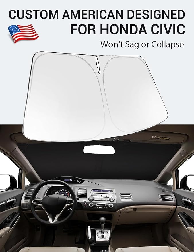 Proadsy 2026 Upgrade Windshield Sun Shade Custom Fit 2006-2011 Civic Foldable Front Sunshade Protector Sun Visor Blocks UV Rays Keep Car Cooler