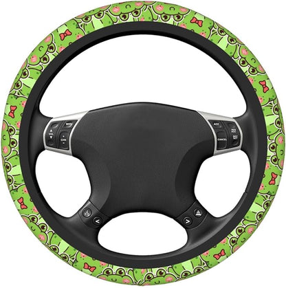 Cute Green Frog Steering Wheel Cover for Women,Universal Auto Steering Wheel 14-15 Inch Car Interior Accessories with 2PCS Car Coasters,Suitable for Men and Women