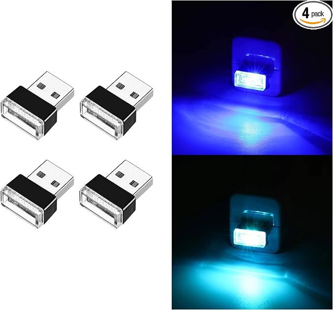 Ziciner 4 PCS USB LED Car Interior Atmosphere Lamp, Portable Mini LED Night Light, Plug-in USB Interface Trunk Ambient Lighting Kit, Universal Interior Accessories for Most Vehicles (Blue, Ice Blue)