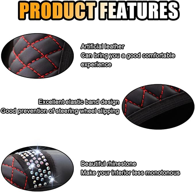Bling Soft Leather Steering Wheel Cover, 15 Inch Colorful Rhinestones Auto Elastic Protector with Crystal Diamond for Women Girls, Car Accessories for Most Cars, SUVs (Black Red)