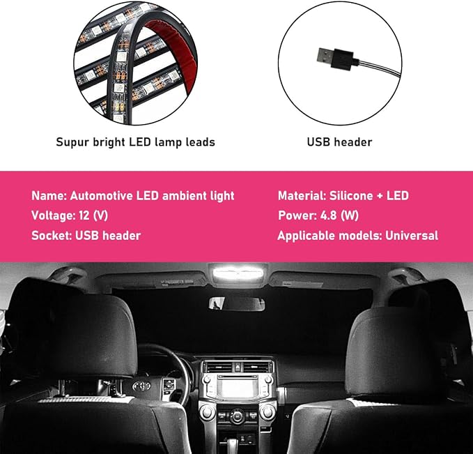 Car LED Strip Light, 24 LEDs RGB Neon Interior Atmosphere Lights, 12V Under Dash Ambient Night Light, USB Port Auto Interior Decorative Lamp, Universal Car Accessories (White)