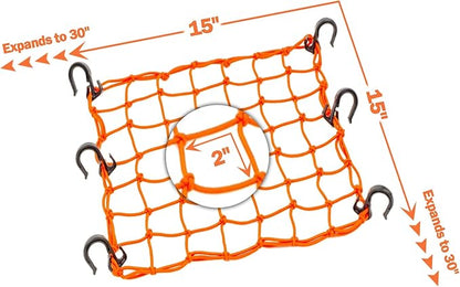 Small Cargo Net 15"x15" Stretches to 30"x30" with Thicken Hooks | Natural Latex Core, Tight 2”x2” Mesh Heavy Duty Bungee Net for Motorcycle Helmet, Bike, ATV, UTV, Luggage (Orange, 1 Pack)